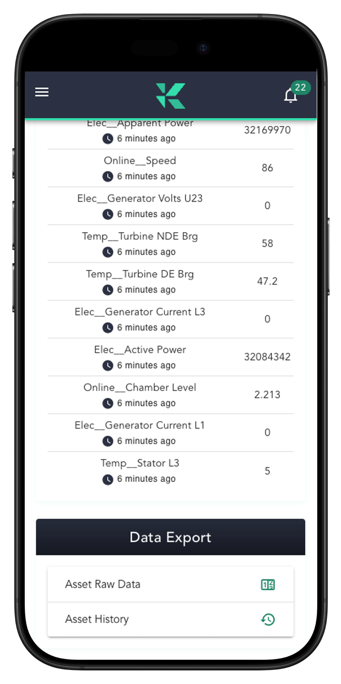 Konductor app on Apple iPhone, showing recent data and the ability to download all asset data