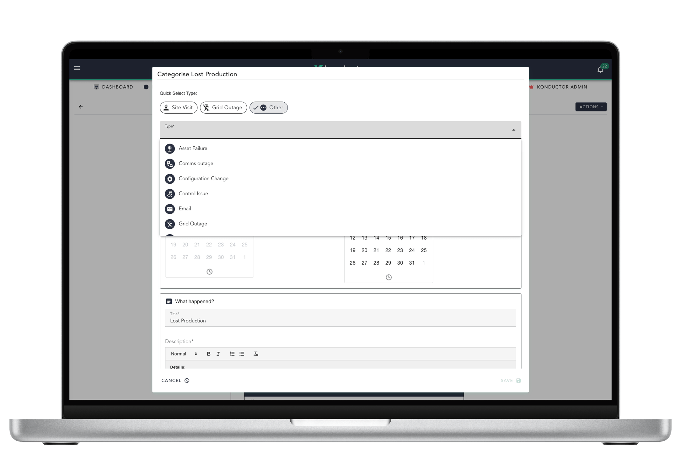 Konductor app on macbook pro showing types of logbook entry