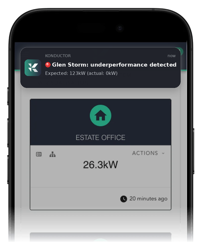 Screenshot showing Konductor portfolio and a push notification showing asset under performance